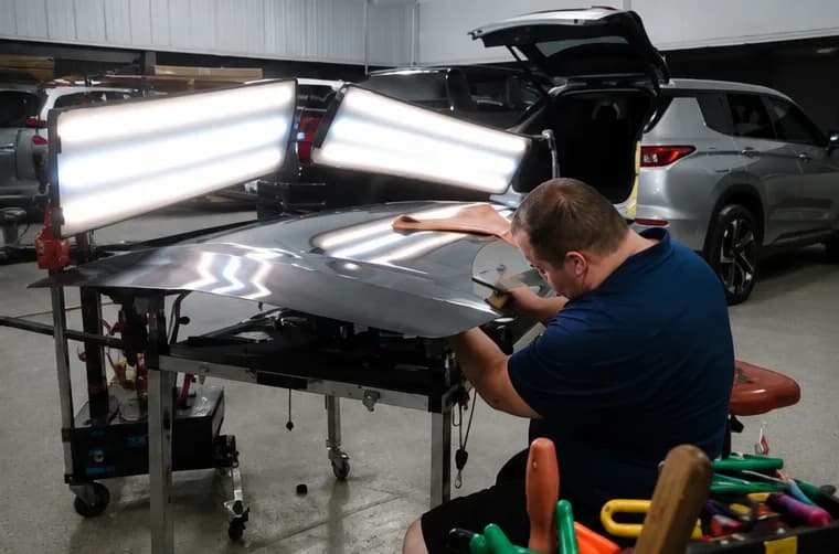 Xtreme Collision technician refinishing a body panel under professional reflector lighting in our modern facility